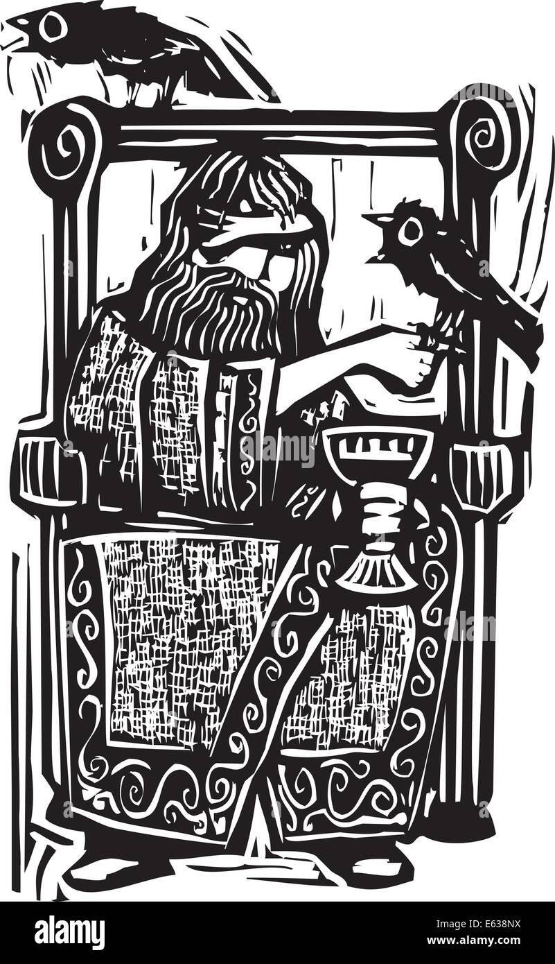 Woocut expressionistischen Stil Bild des nordischen Gott Odin oder Wotan sitzt auf einem Thron mit seinem Raben Stock Vektor