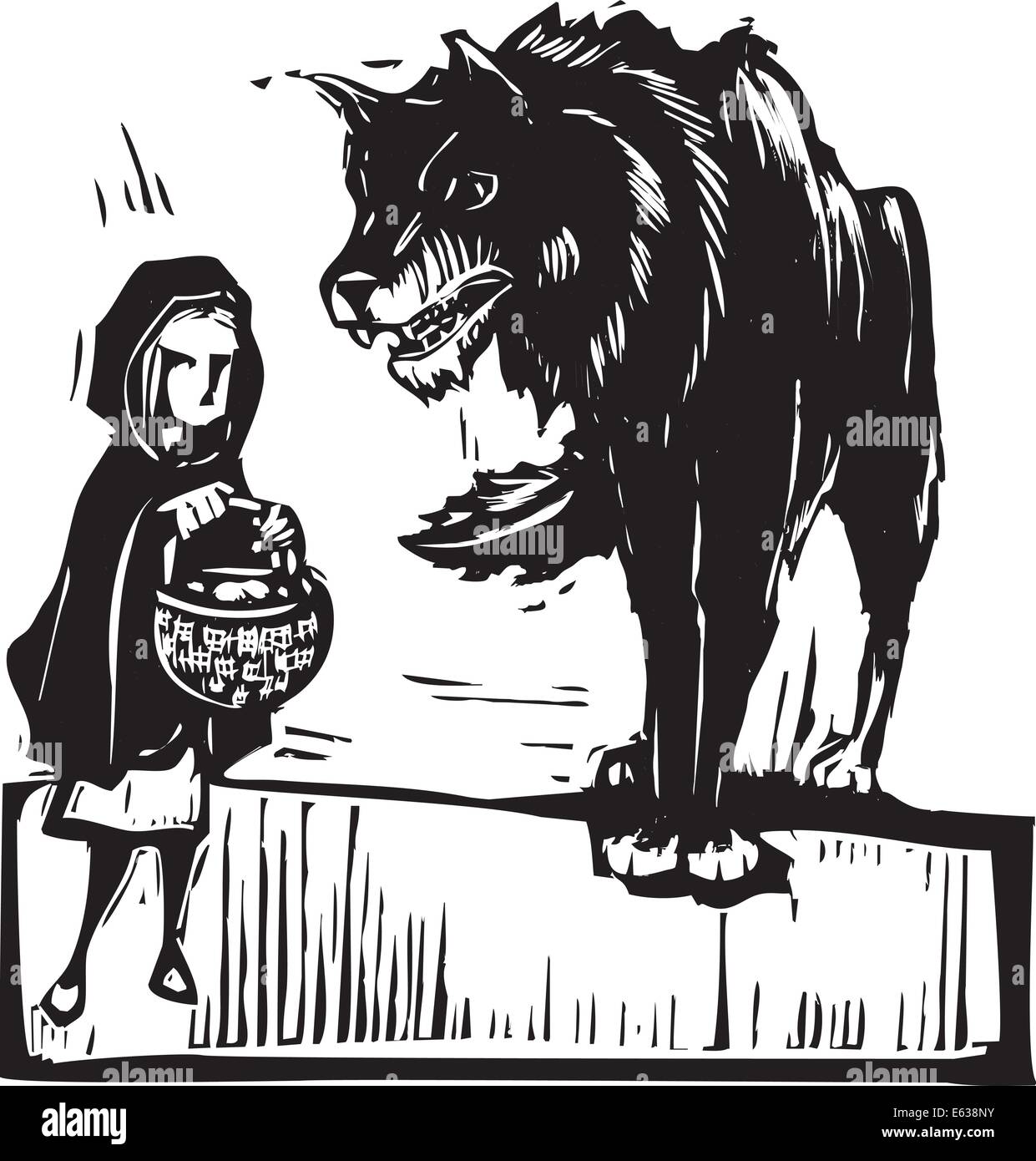 Holzschnitt Stil expressionistische Bild von little red Riding Hood Treffen der großen bösen Wolf. Stock Vektor