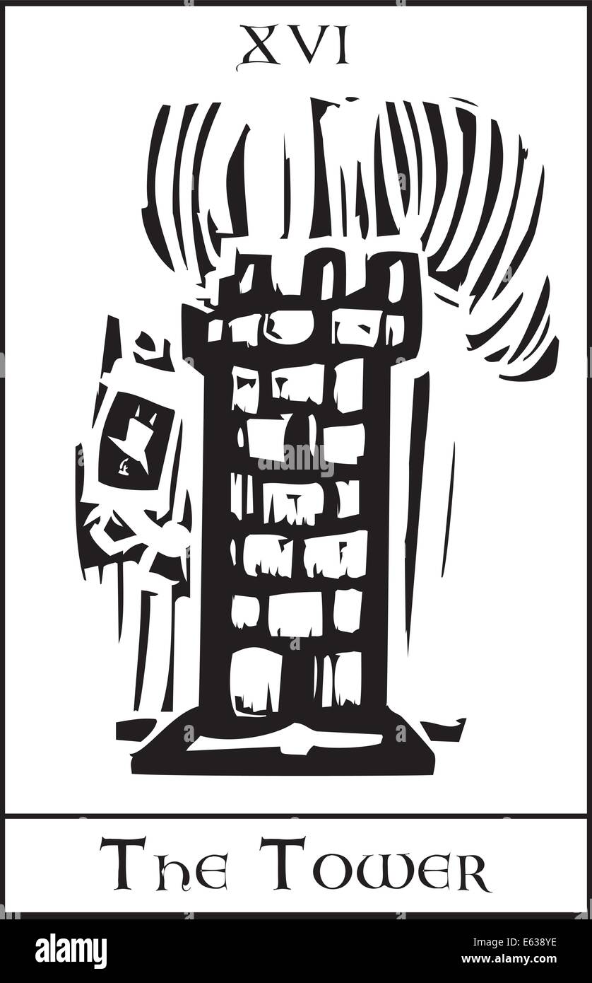 Holzschnitt-expressionistischen Stil Tarot-Karte für die Nummer 16 der Turm. Stock Vektor