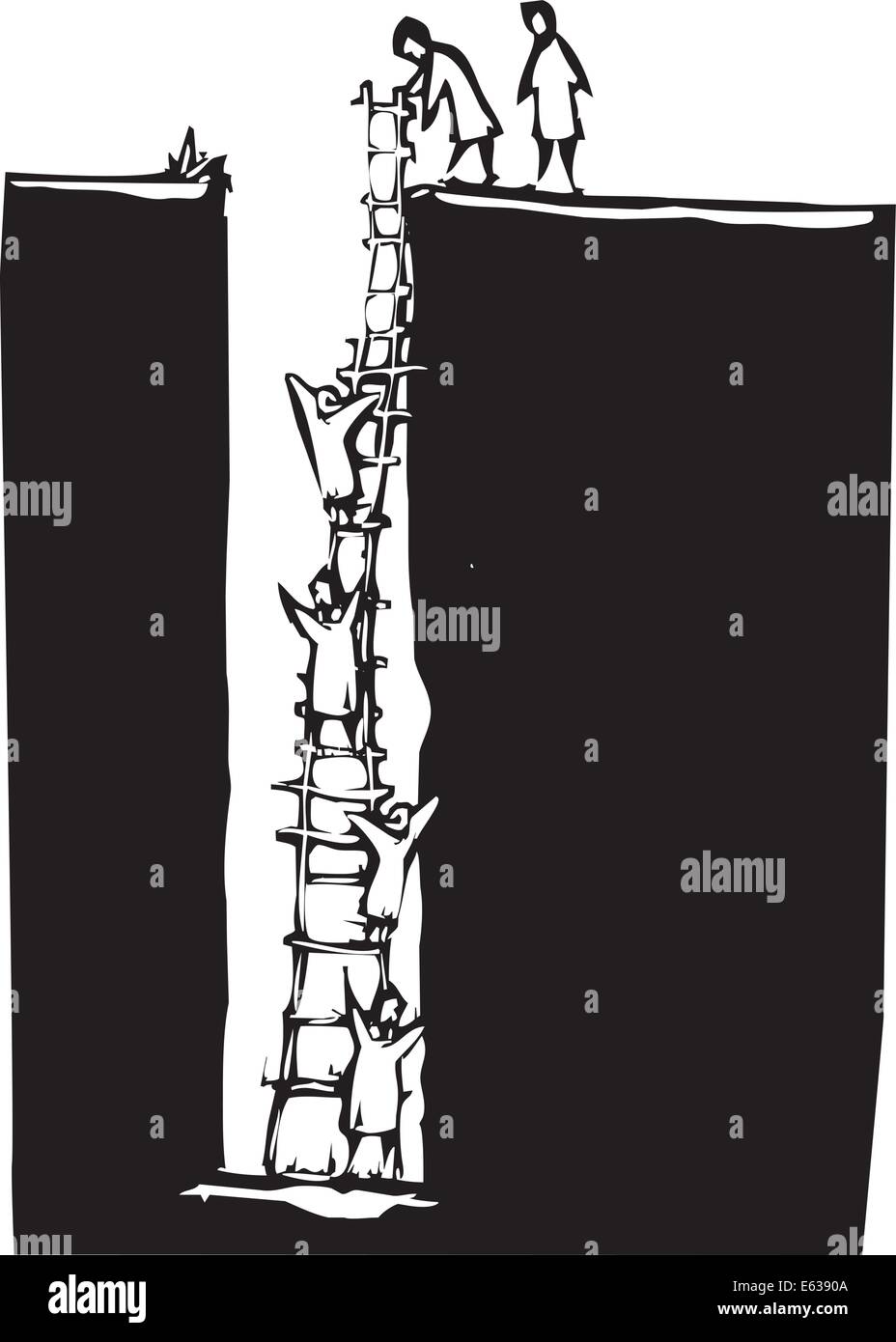 Holzschnitt-Stil Bild von Menschen, die aus einem tiefen Loch über eine Leiter klettern. Stock Vektor