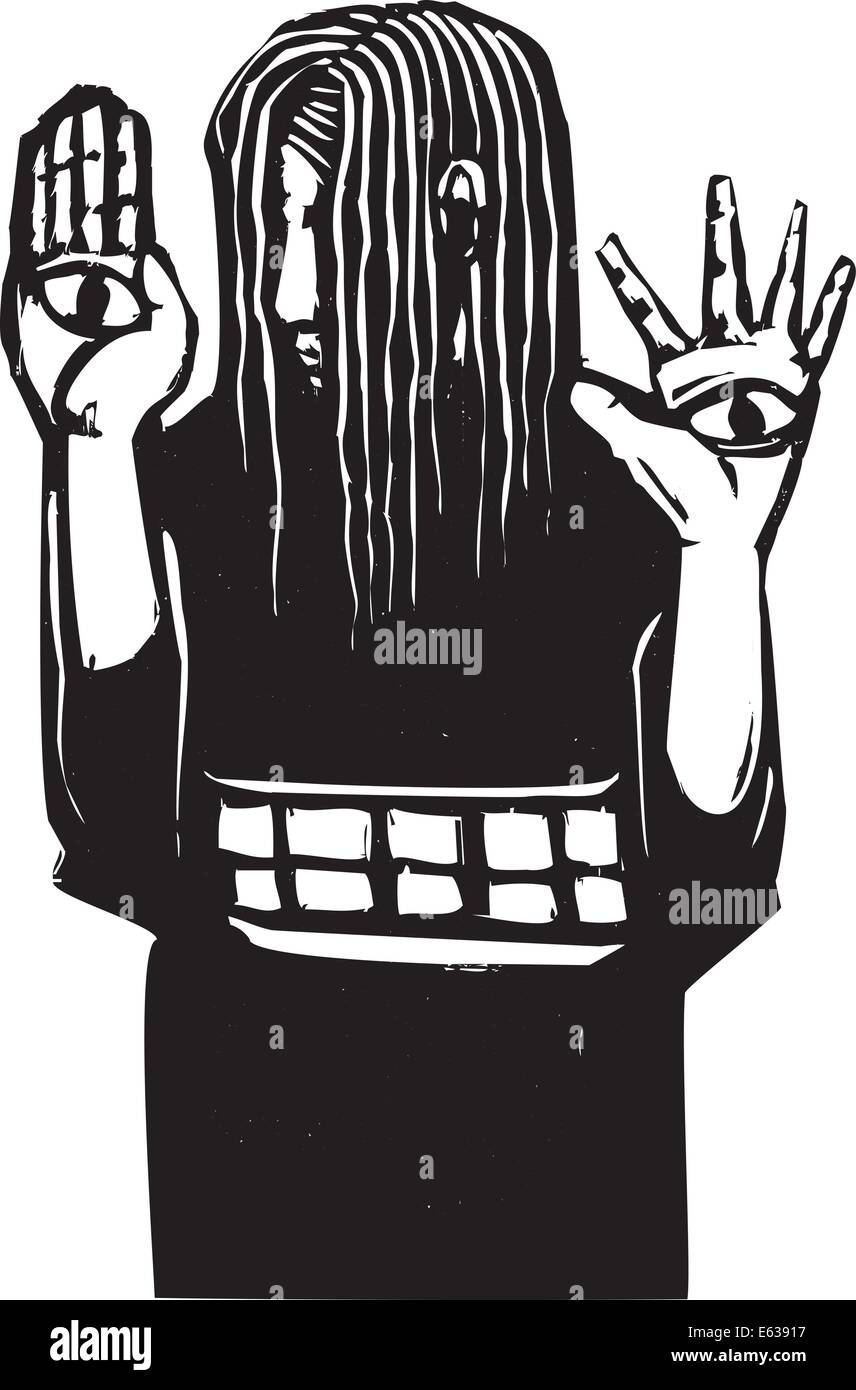 Holzschnitt expressionistischen Stil blindes Mädchen mit Augen auf ihre Hände. Stock Vektor