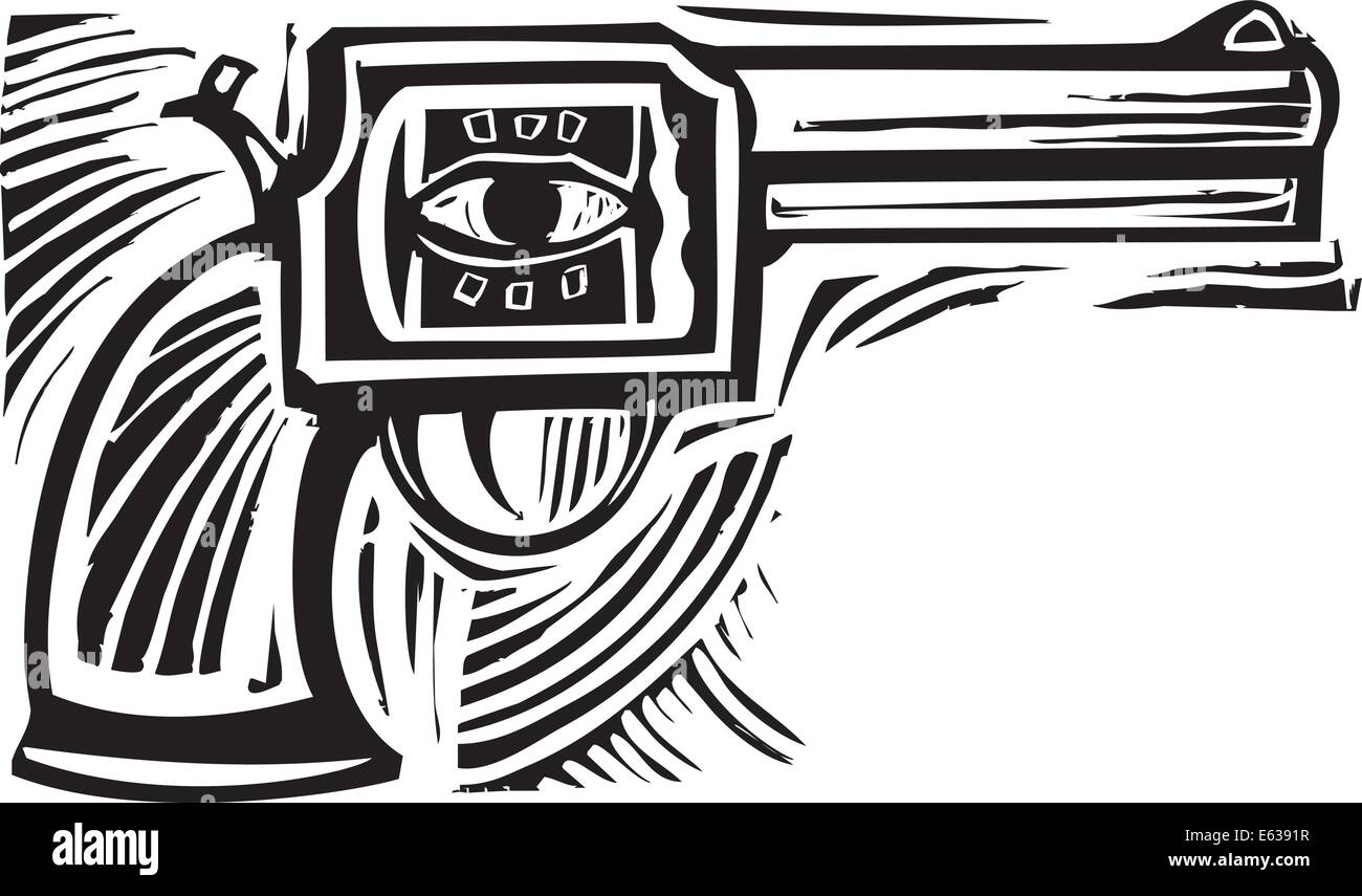 Holzschnitt-Stil Bild einer Pistole mit einem Auge auf der Seite. Stock Vektor