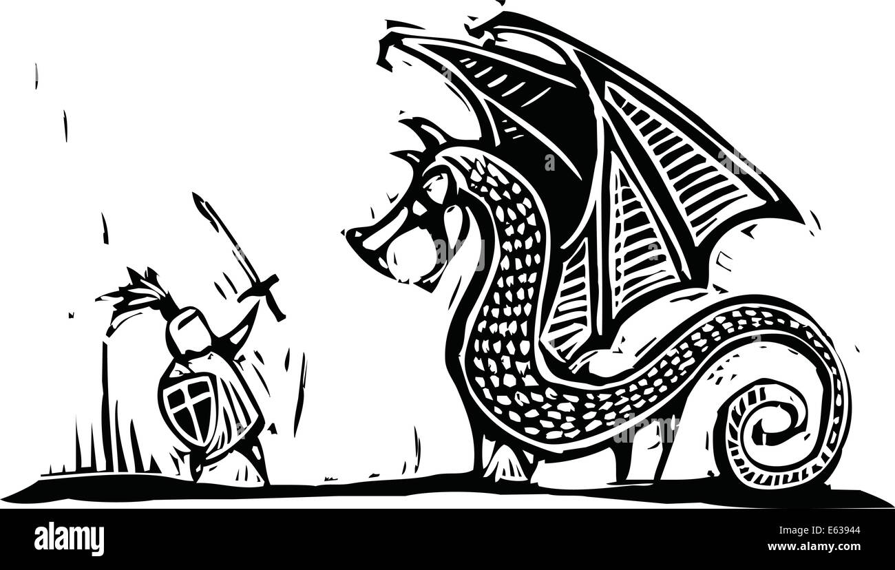 Ritter in Rüstung mit Schwert kämpft ein Drache Stock Vektor