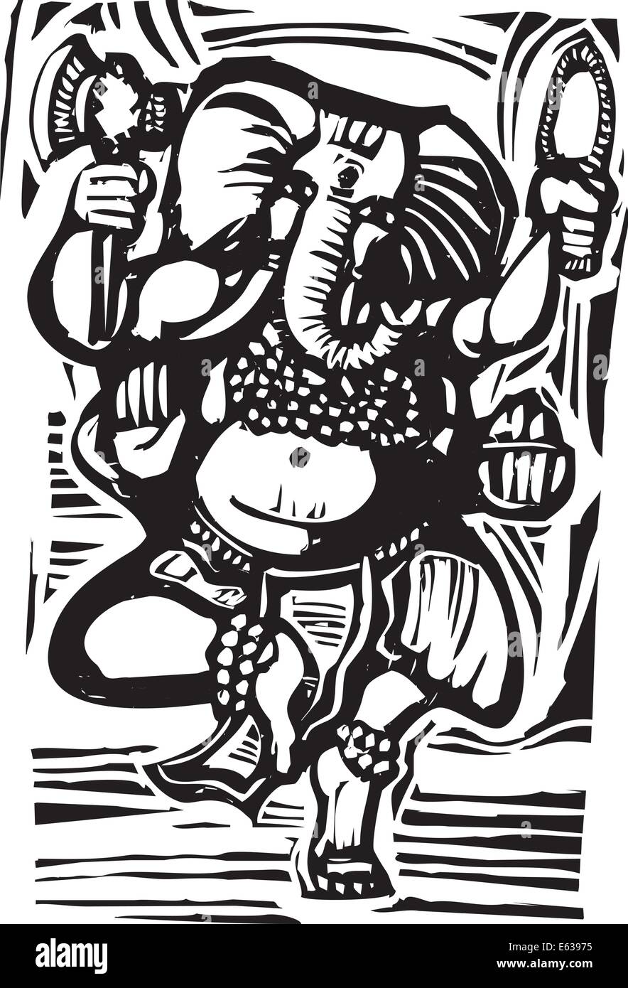 Holzschnitt-Stil Bild von dem hinduistischen Gott Ganesha Stock Vektor