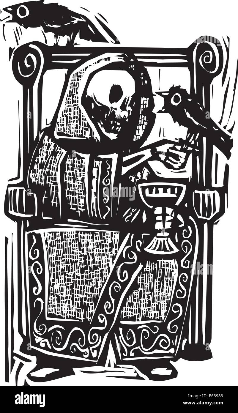 Holzschnitt-Stil-Image des Skelett Todes Weintrinken in einem Thron mit Krähen oder Raben. Stock Vektor