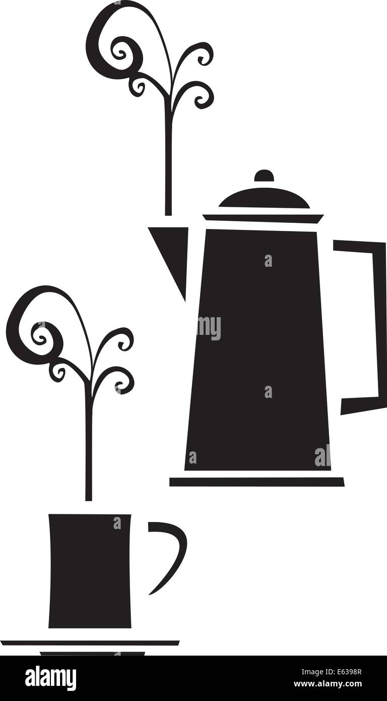 Schwarz / weiß Retro-Bild einer Kaffeekanne und Tasse Stock Vektor