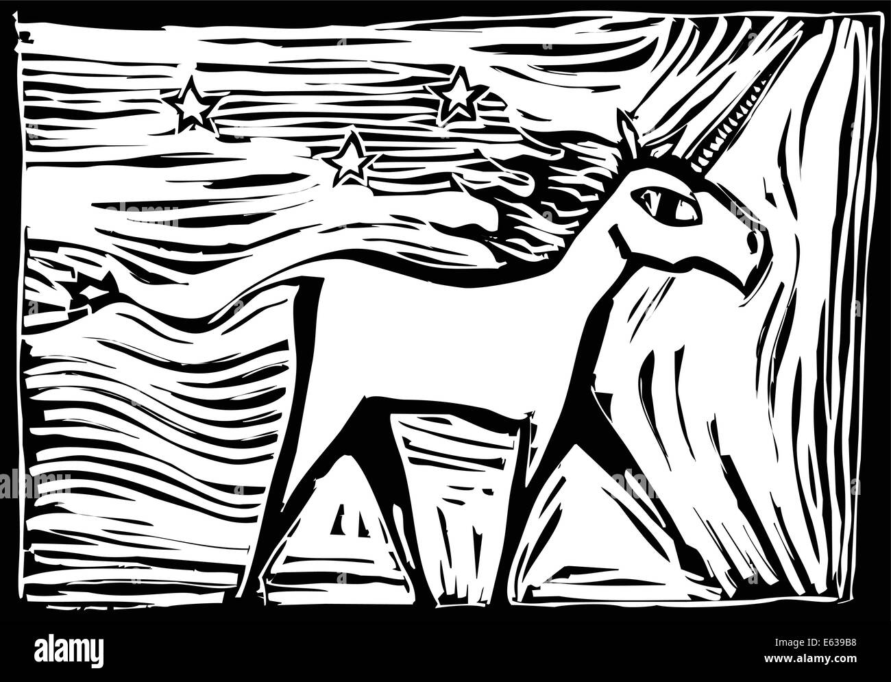 Holzschnitt-Bild eines mythischen Einhorn laufenden Stock Vektor