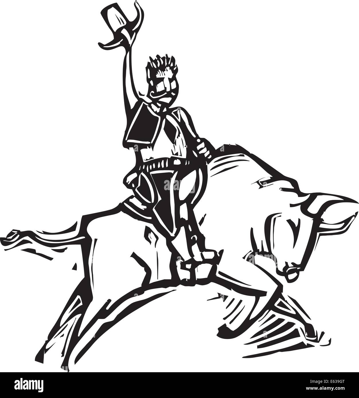 Westlichen Rodeo Bild eines amerikanischen Cowboy Bull-Holzschnitt Fahrstil. Stock Vektor