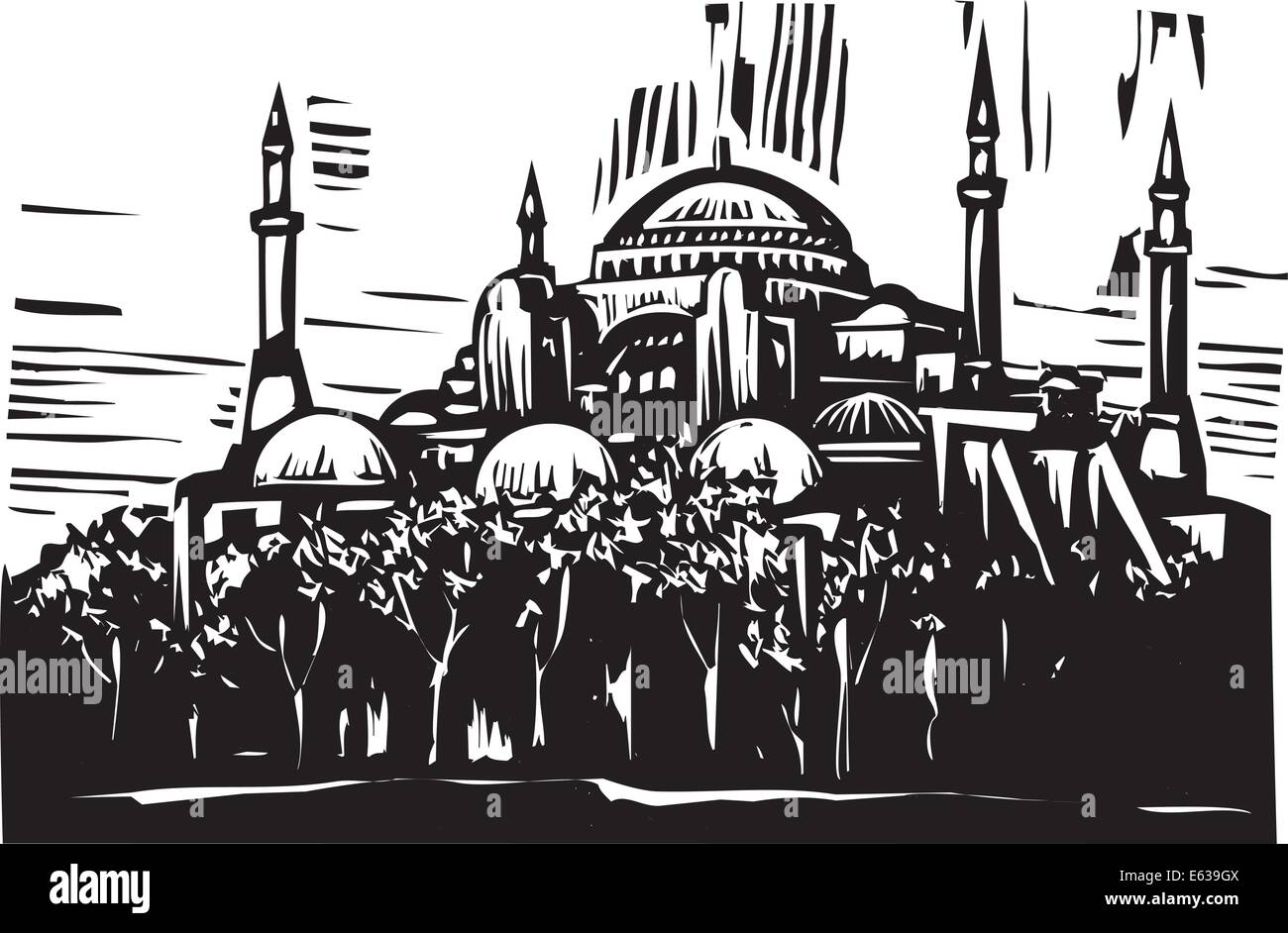 Holzschnitt-Stil-Bild von der griechisch-orthodoxen Kirche wandte sich Moschee in Istanbul Türkei. Stock Vektor