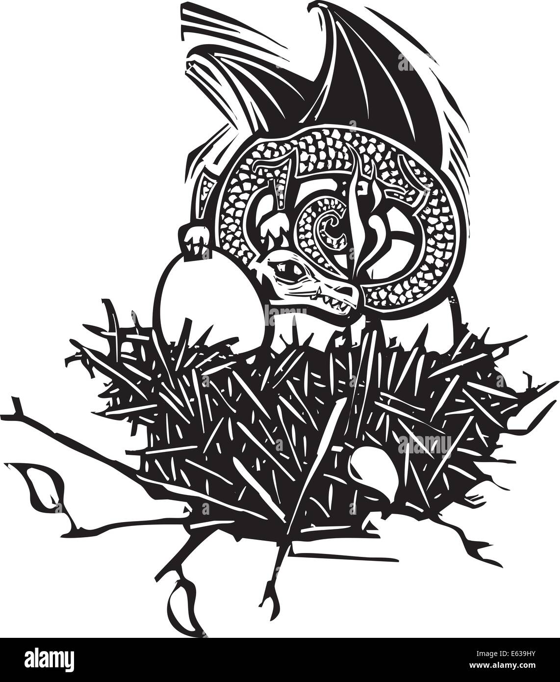 Holzschnitt-Stil Bild eines Drachen schlafen in ein Nest mit Eiern. Stock Vektor