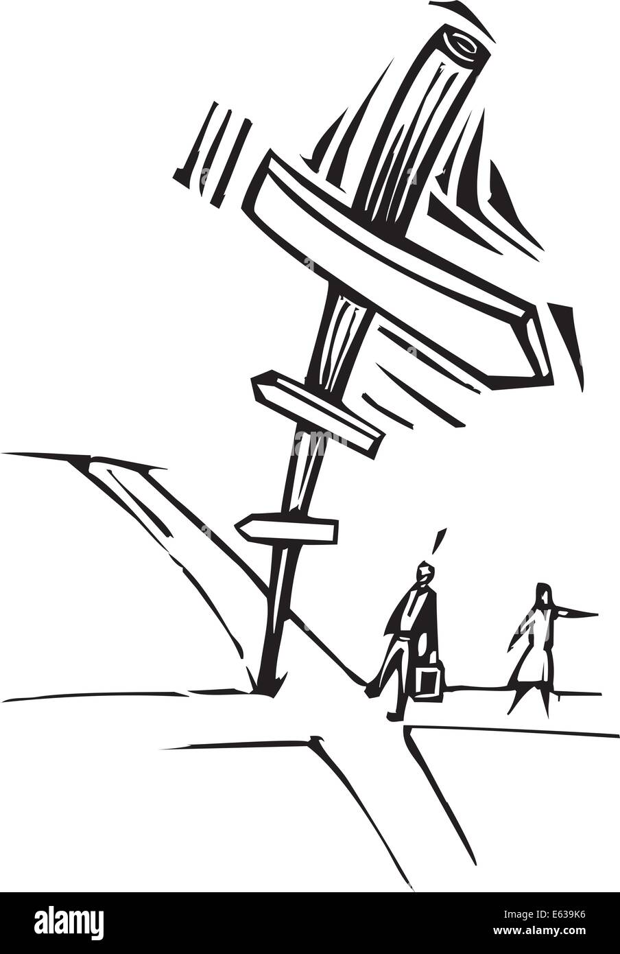 Holzschnitt-Stil Bild von zwei Geschäftsleuten an Kreuzung mit einem Schild. Stock Vektor