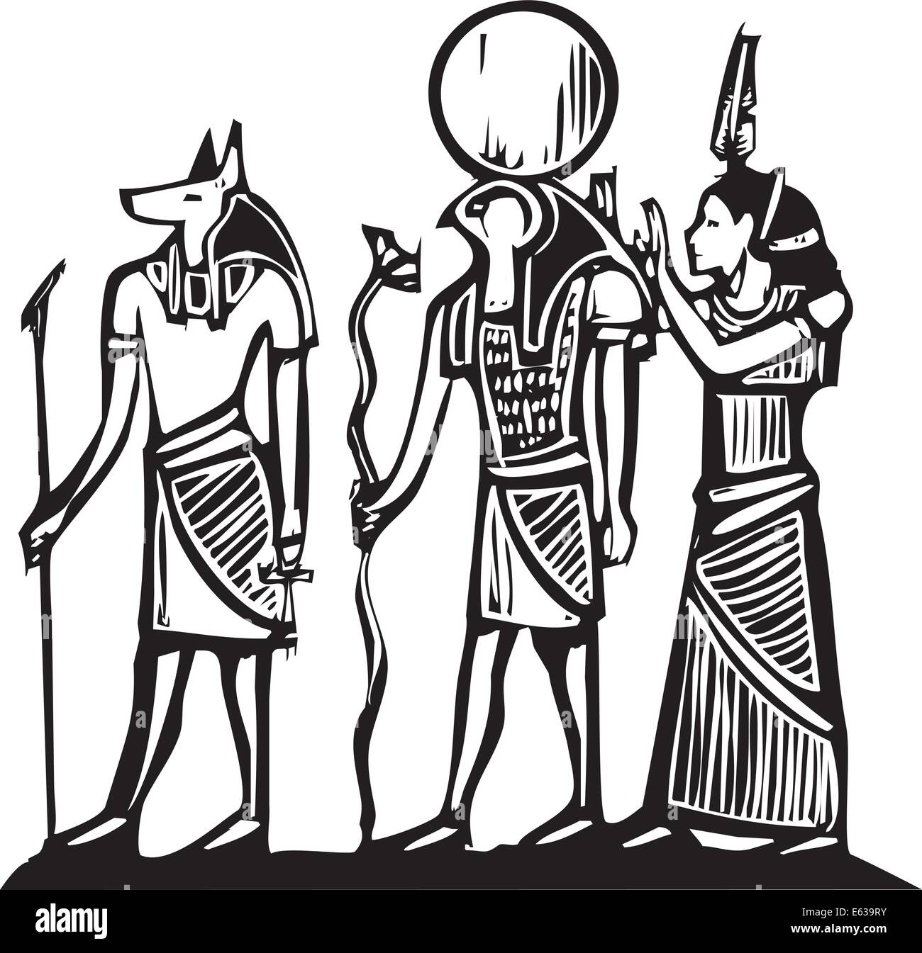 Anubis und Horus ägyptische Hieroglyphe in Holzschnitt-Stil. Stock Vektor