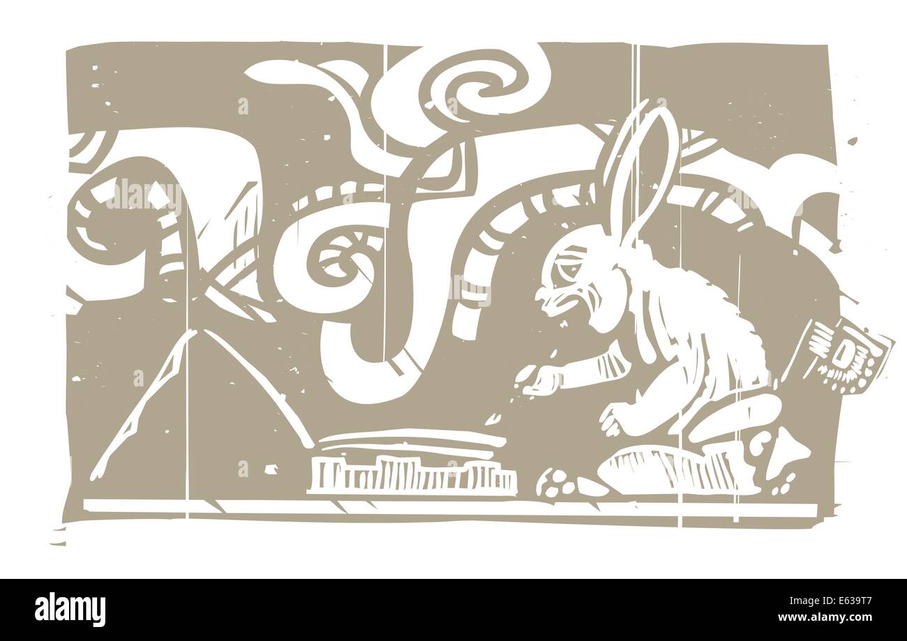 Maya-Kaninchen Schreiber entworfen nach mesoamerikanischen Keramik und Tempel Bilder Stock Vektor