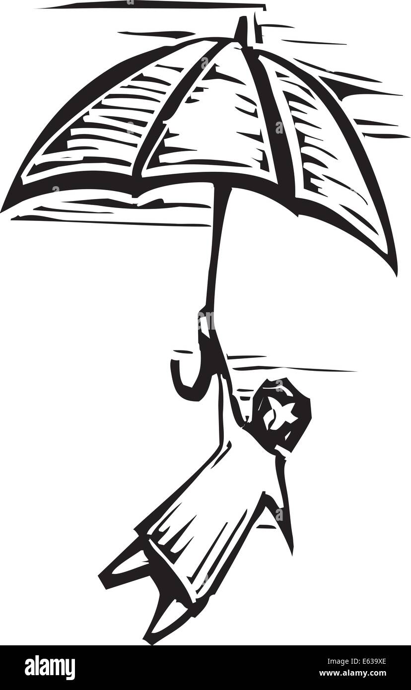 Holzschnitt Person hält sich an einen Regenschirm durch die Luft fliegen. Stock Vektor