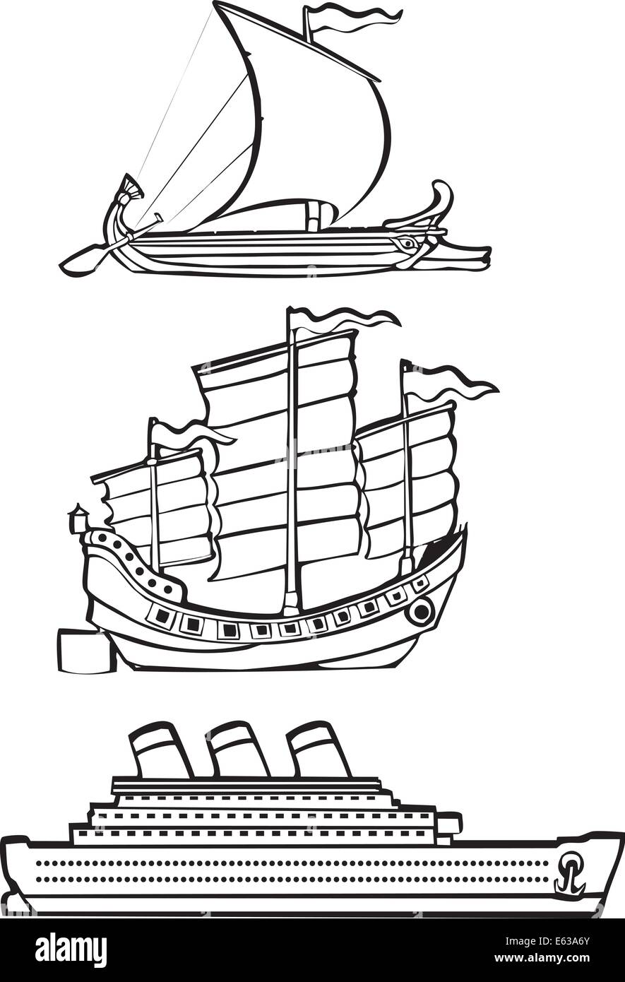 drei einfache Schiffe aus der Geschichte in schwarz und weiß dargestellt. Stock Vektor