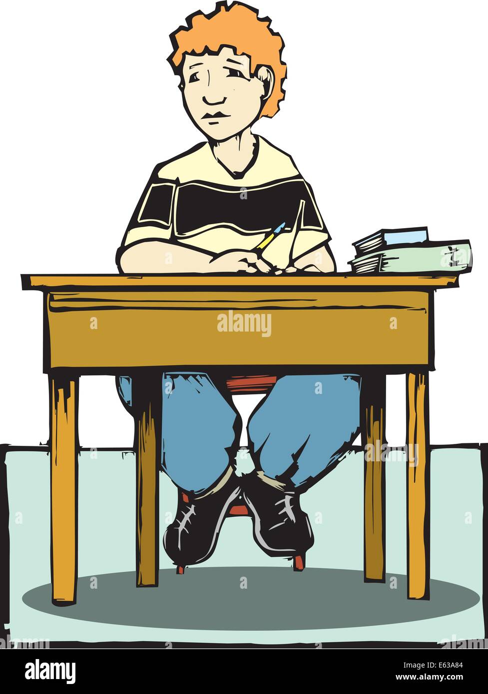 Junge sitzt an einem Schreibtisch mit Bleistift und Bücher hören. Stock Vektor