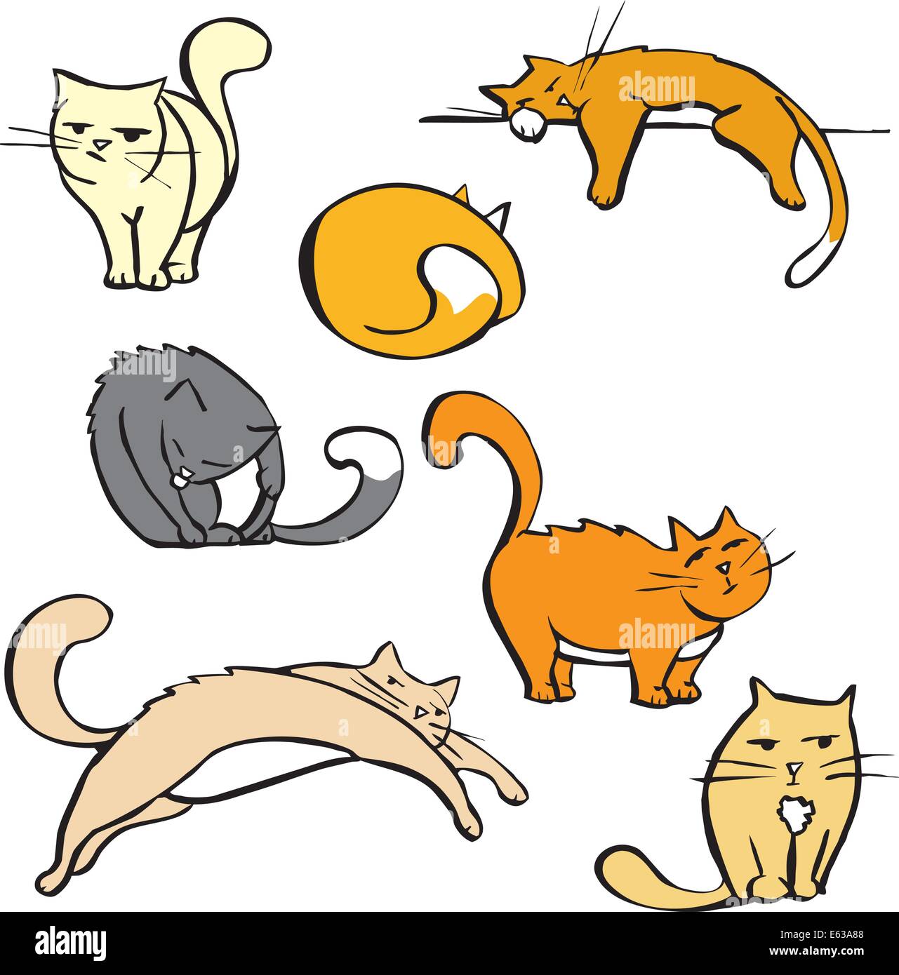 Cartoon Bild Blatt von verschiedenen Katzen in verschiedenen Posen. Stock Vektor