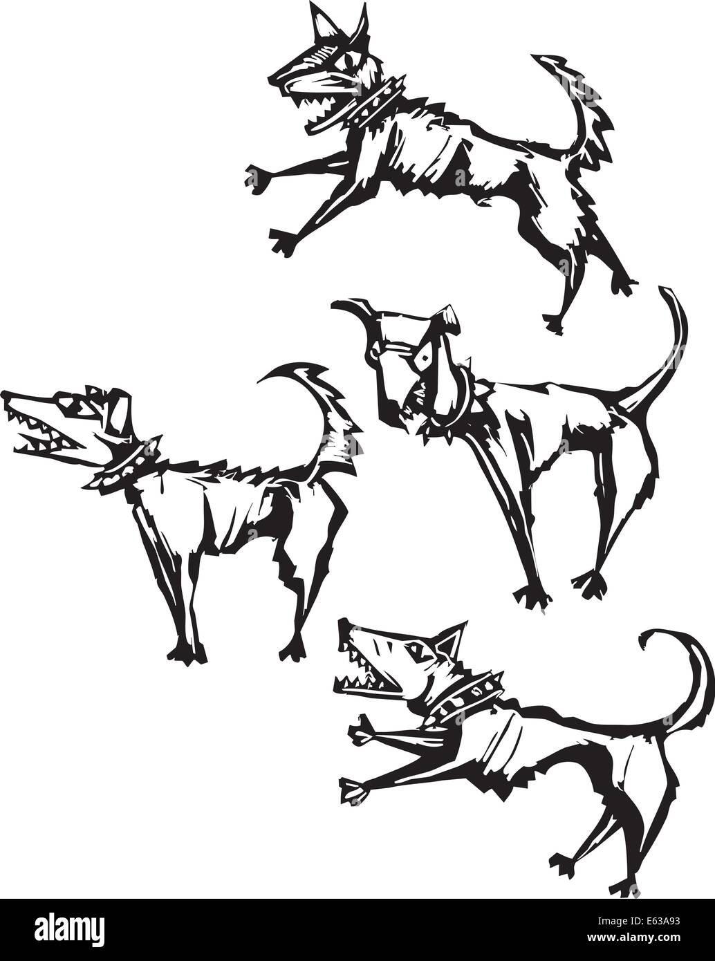 Vier unheimlich böse Hunde in einem Scratch Board Stil gerendert. Stock Vektor