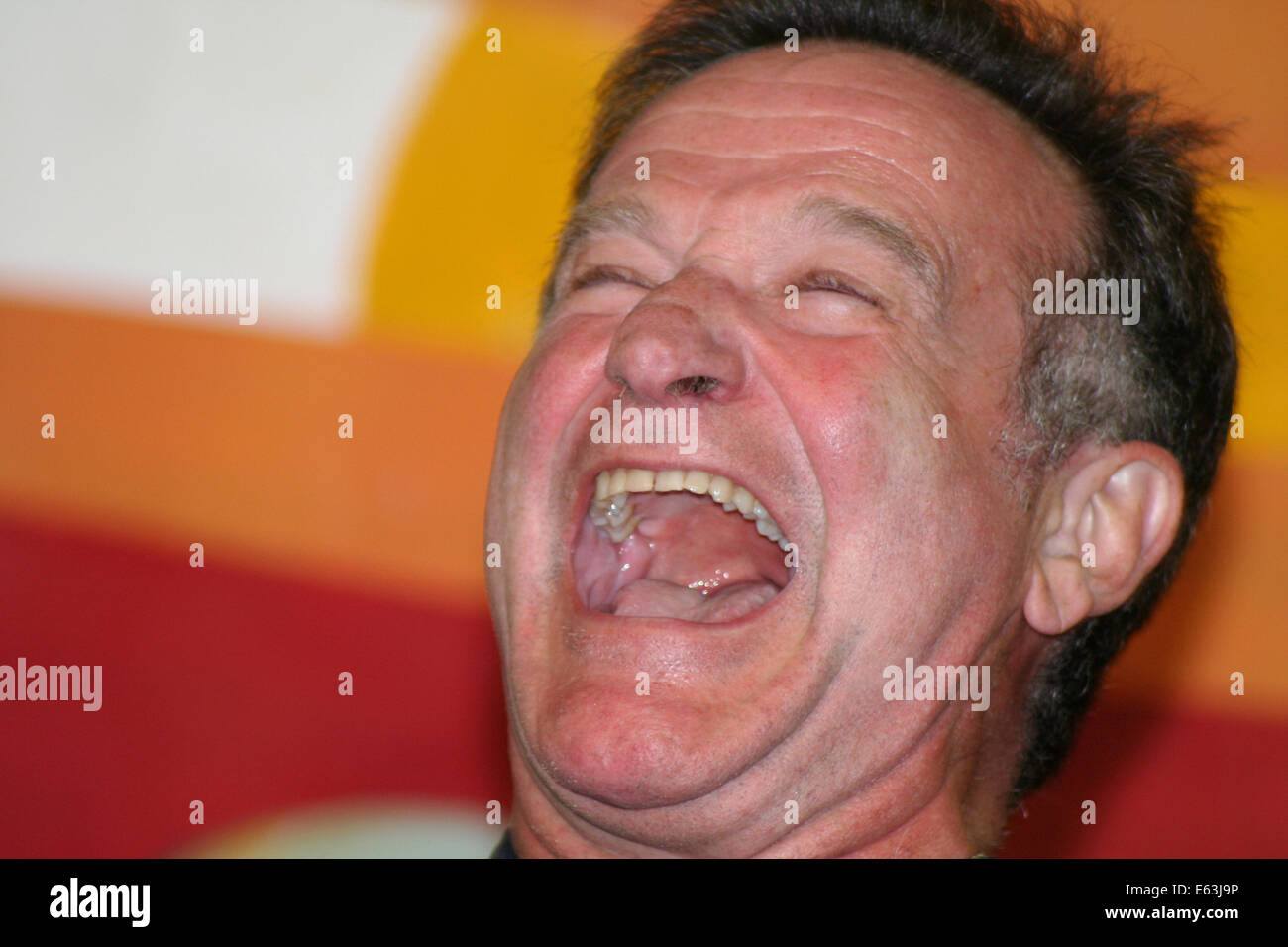 Academy Award ausgezeichneten Schauspieler und Komiker Robin Williams führt für die amerikanischen Truppen auf Kontingenz operative Basis Speicher während der USO Christmas Tour 2007 19. Dezember 2007 in Tikrit, Irak. Stockfoto