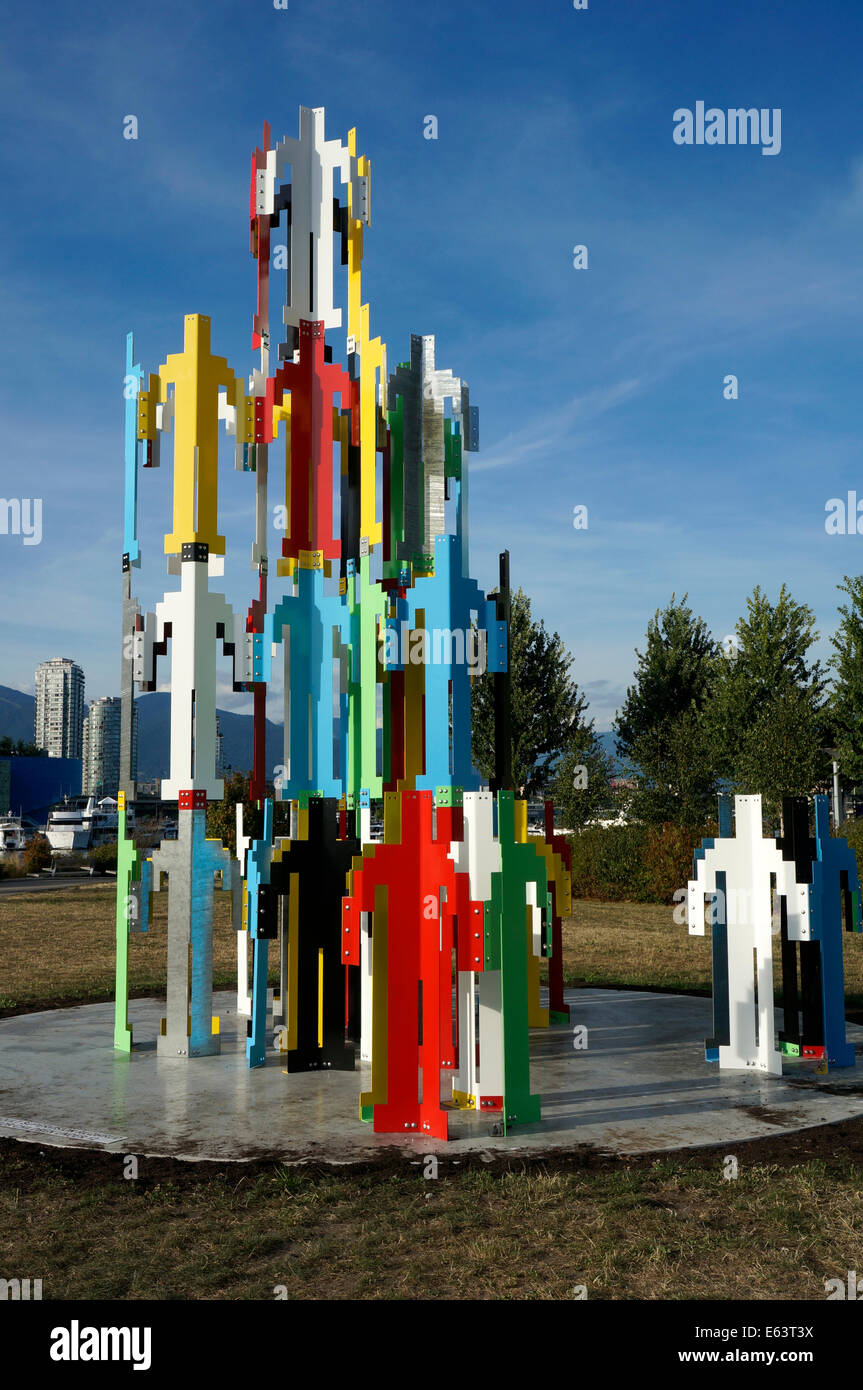 Menschlichen Strukturen Vancouver Metall-Skulptur von Jonathan Borofsky im False Creek Village, Vancouver, Britisch-Kolumbien, Kanada Stockfoto