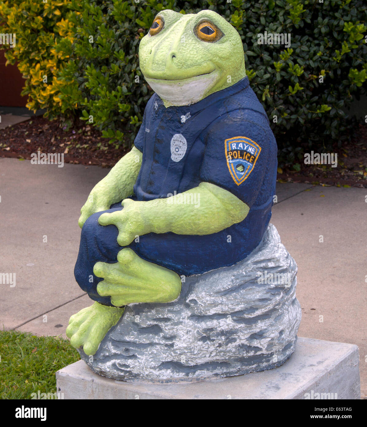 Froschskulptur in Rayne, Louisiana, der Froschhauptstadt der USA, feiert die einzigartige Identität der Stadt mit skurriler öffentlicher Kunst. Stockfoto