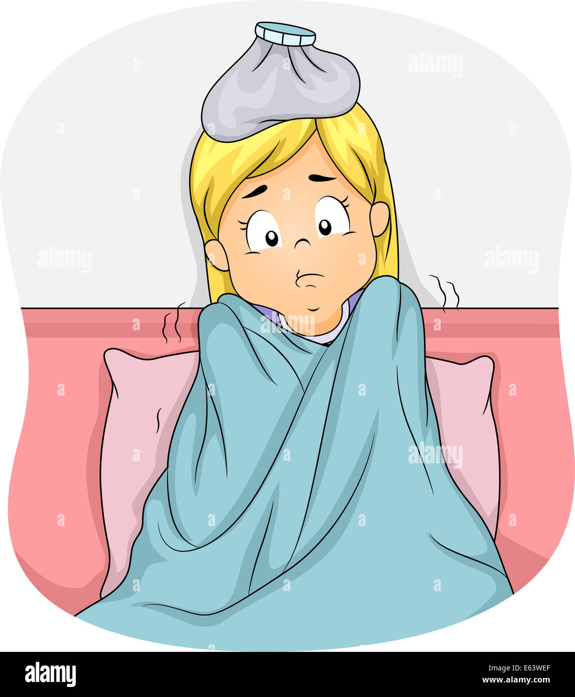 Abbildung eines Mädchens im Bett wegen Fiebers Stockfoto