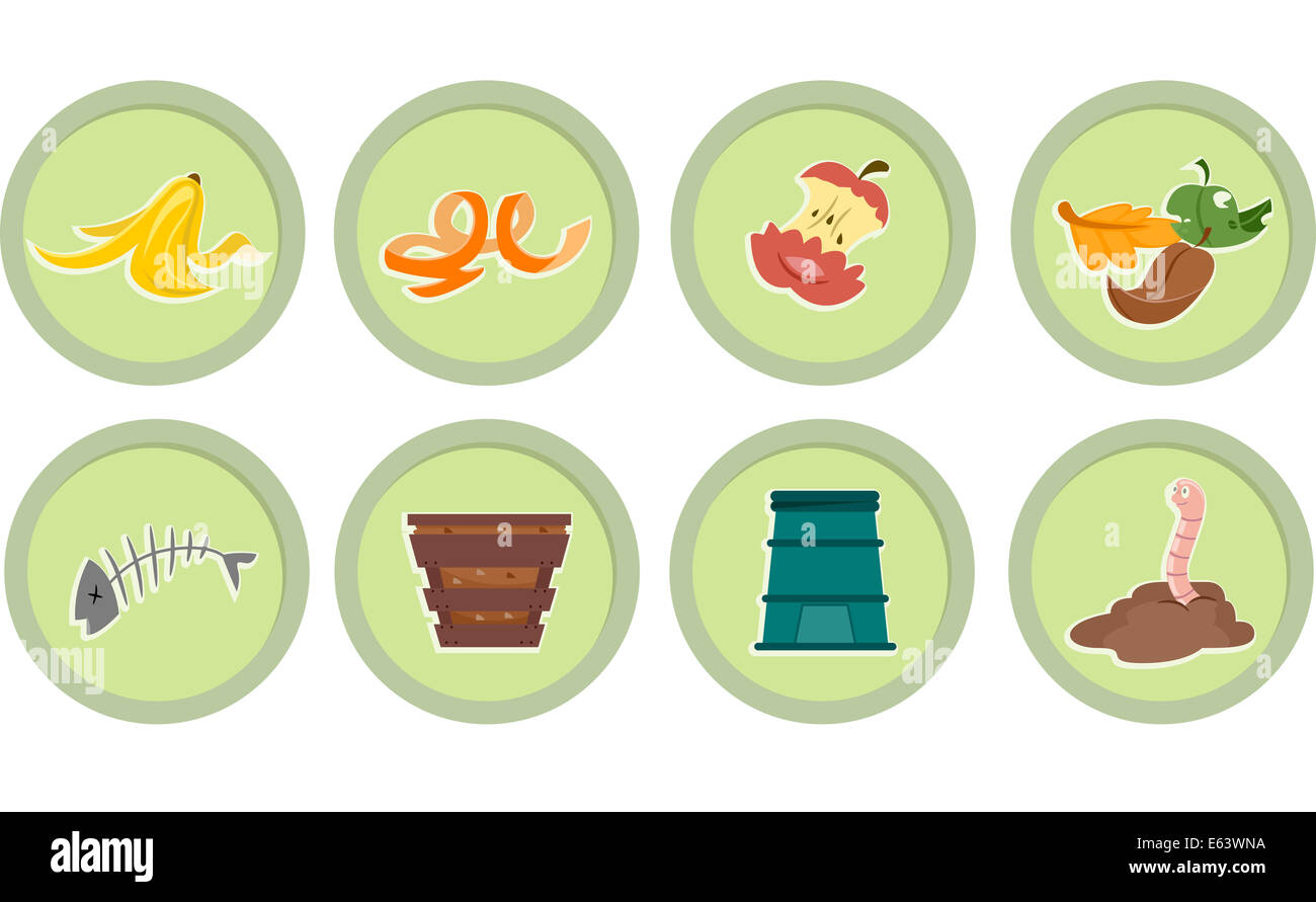 Illustration der Aufkleber mit Kompostierung Symbole drucken Stockfoto