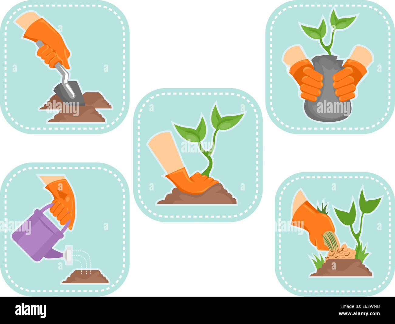 Illustration der Aufkleber mit Gartenarbeit Symbole drucken Stockfoto