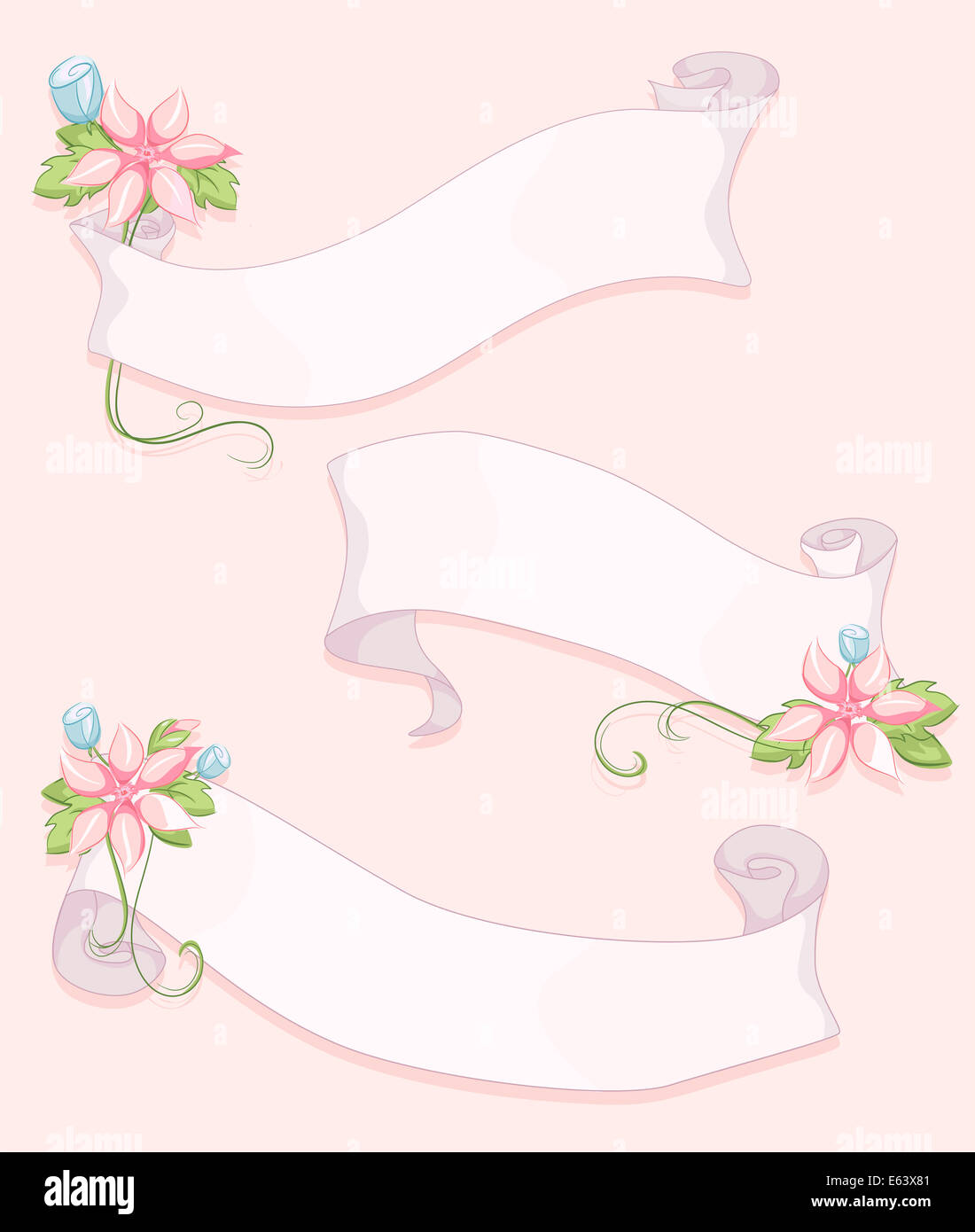 Shabby Chic-Themen Bänder mit Blumen, die mit ihnen verbunden Stockfoto