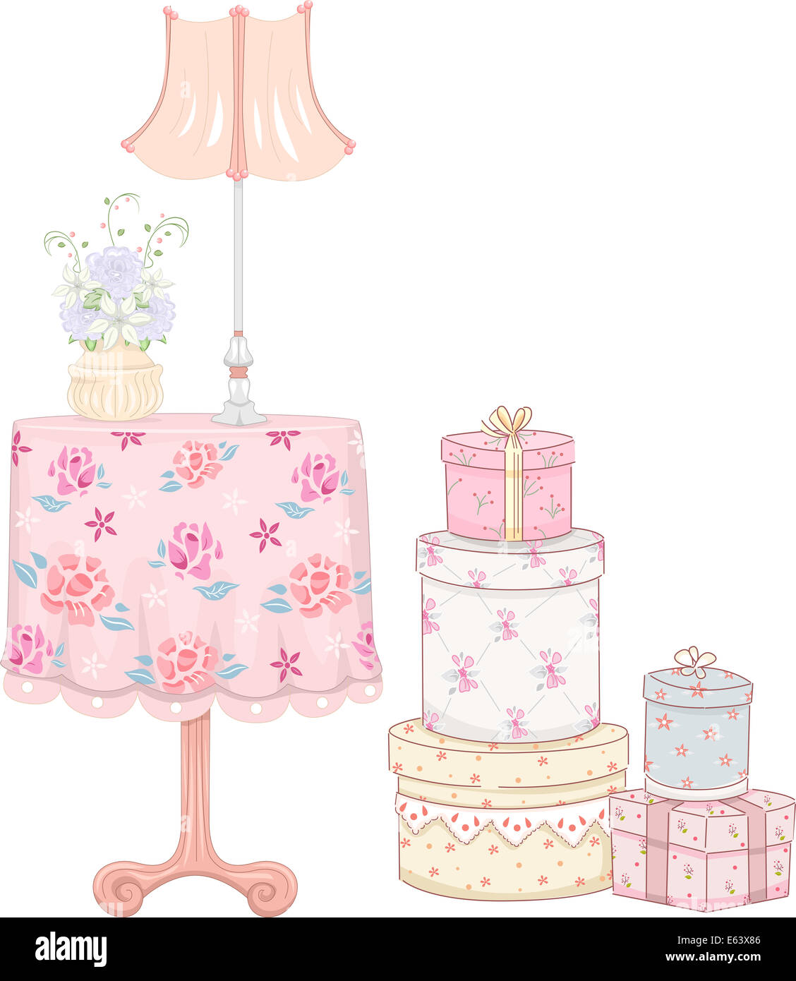 Shabby Chic-Themed Illustration mit einem Stapel von Geschenken einen Nachttisch neben Stockfoto