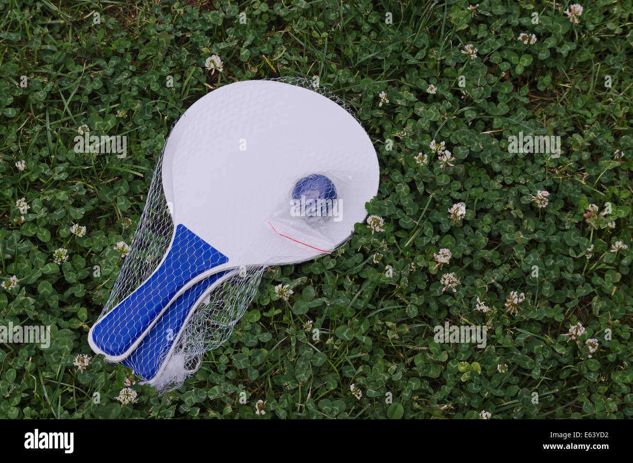 Ziemlich bald kaufen Sie zwei Fledermäuse und blaue Kugel für spannende Beach spielen im Feld mit Kleeblatt. Stockfoto