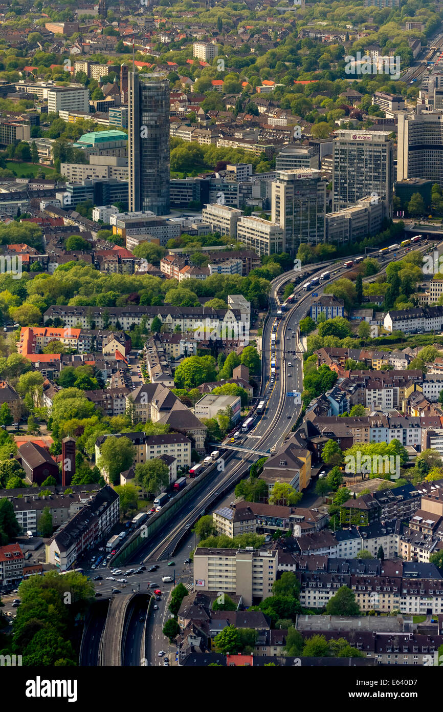 Luftaufnahme, die A40 und A52 Autobahn in der Nähe der A40 Autobahn, Produkte III Bezirk Essen geschlossen Stockfoto