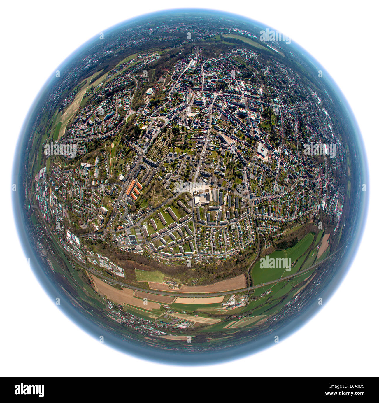 Luftbild schoss mit einem fisheye-Objektiv, Gruyten, Haan, Nordrhein-Westfalen, Deutschland Stockfoto