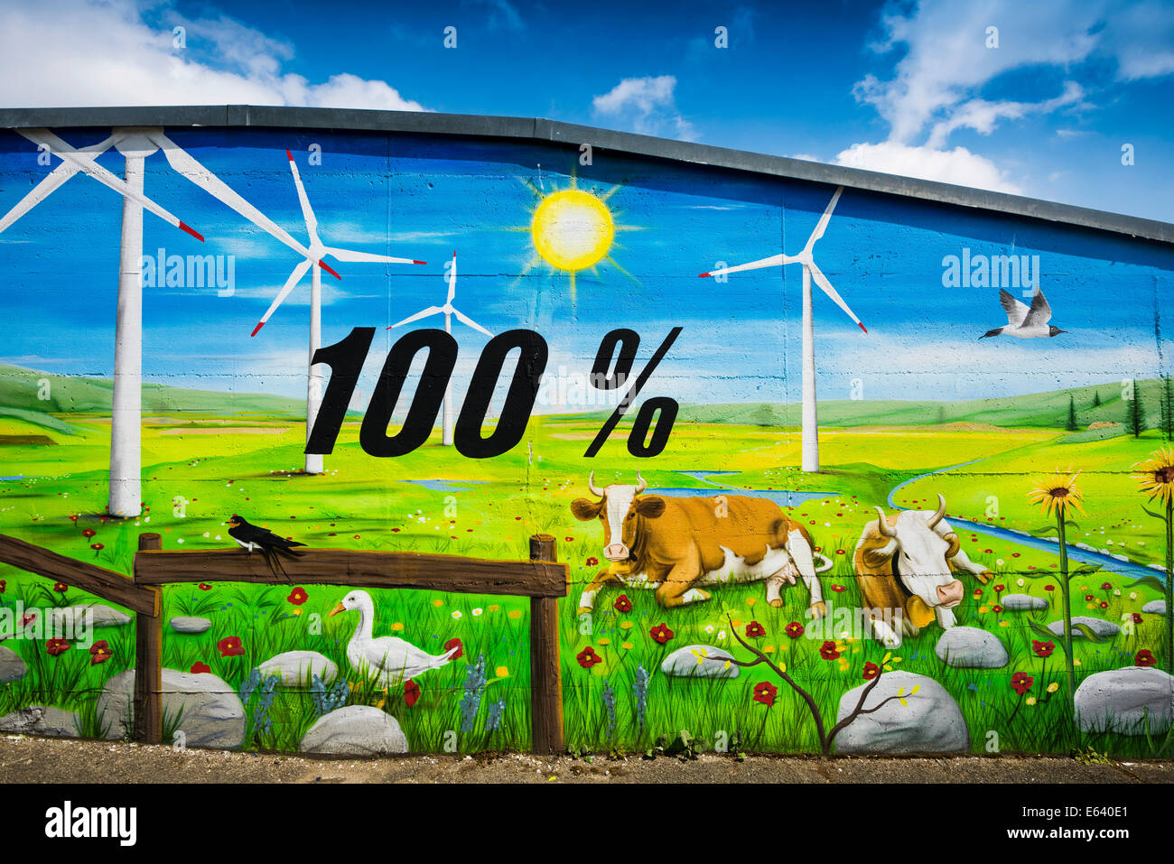 Wand eines Hauses gemalt mit einem Thema erneuerbare Energien, Tiengen, Waldshut-Tiengen, Baden-Württemberg, Deutschland Stockfoto
