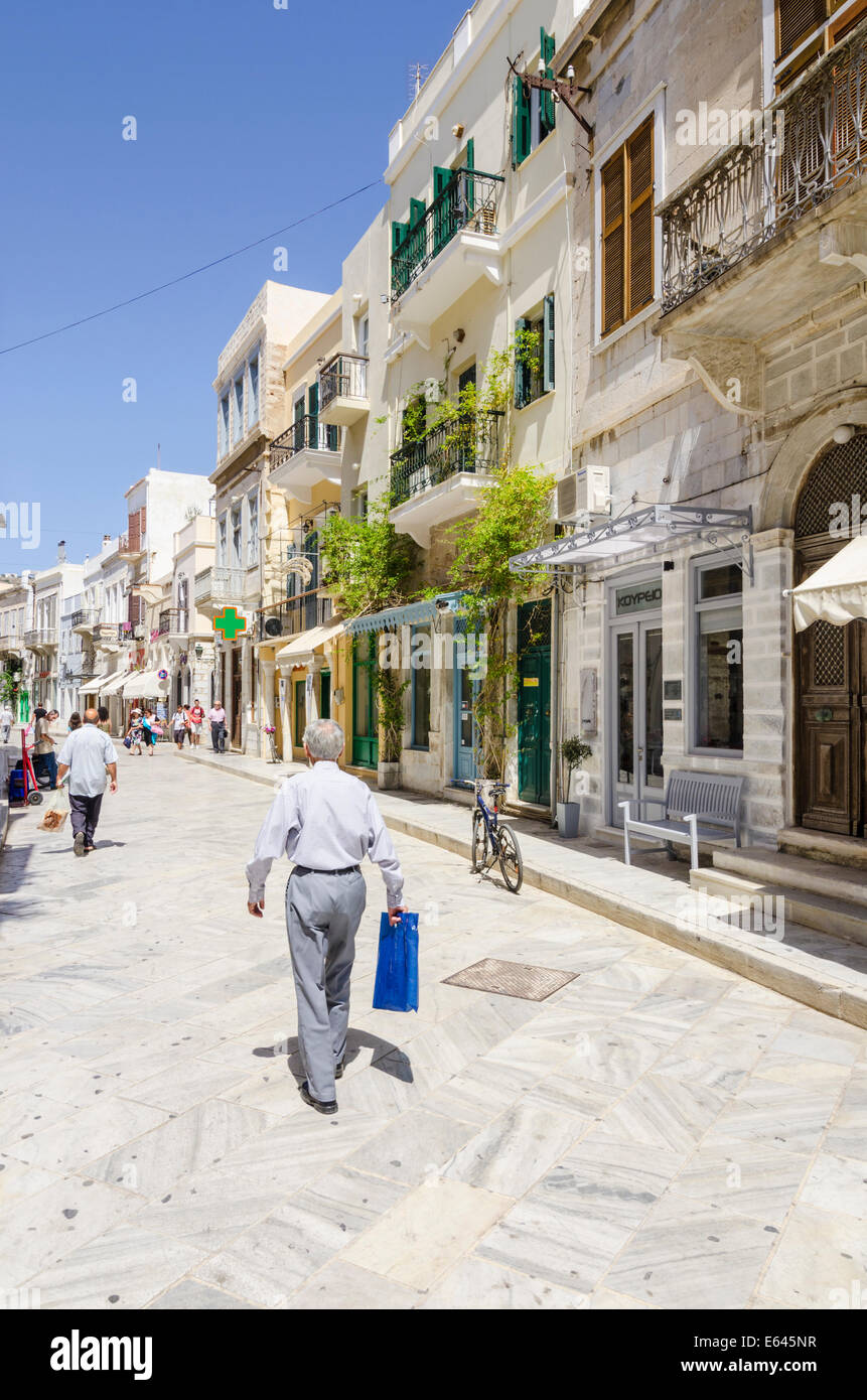 Marmor-Linien Straßen von Ermoupoli, Insel Syros, Kykladen, Griechenland, Stockfoto