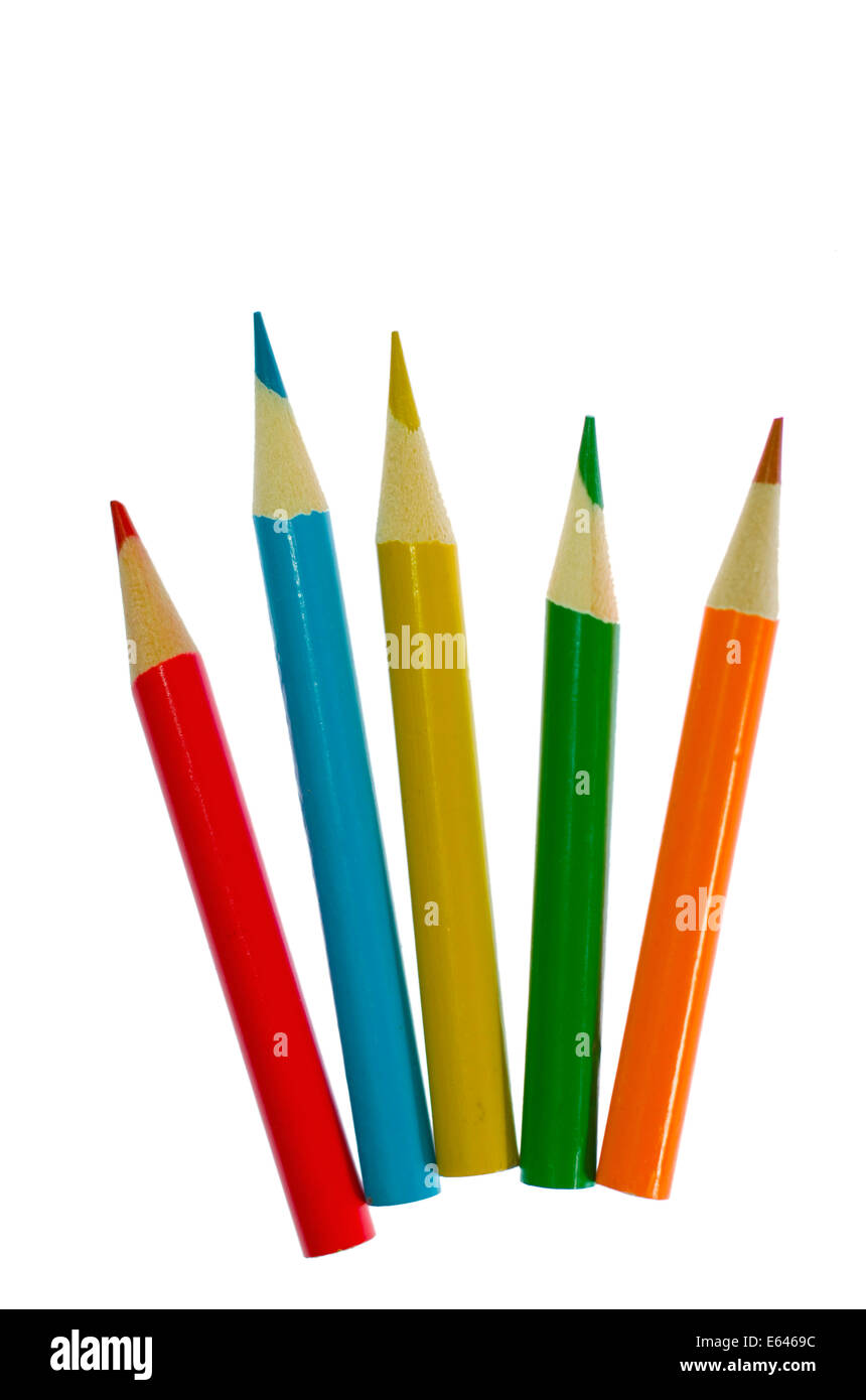 Auswahl an Buntstiften aufgefächert auf weißem Hintergrund Stockfoto