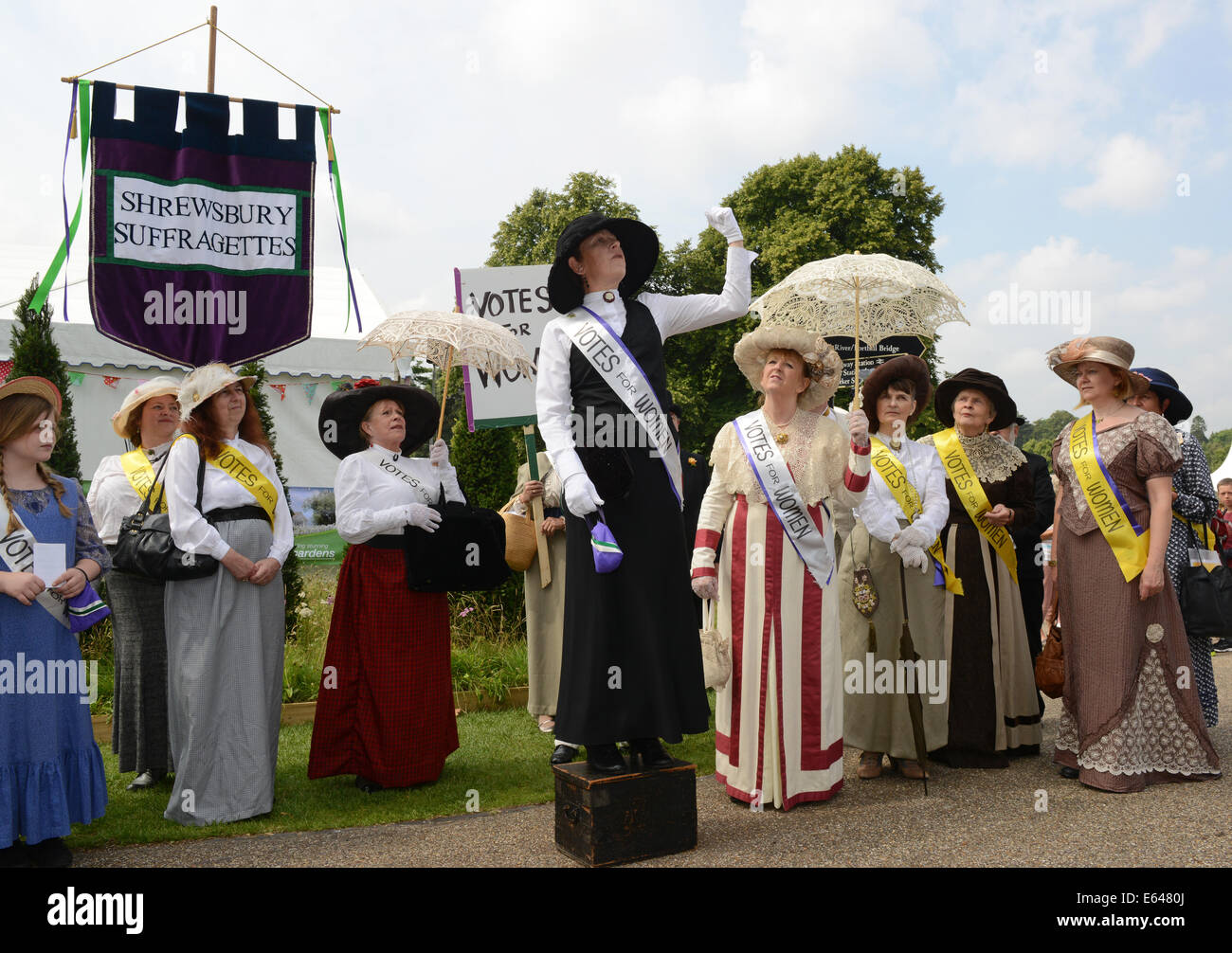 Einheimische Damen, die als Suffragettes verkleidet sind, stellen die Stimmen für Frauenproteste auf der Shrewsbury Flower Show am 8. August 2014 nach. Historische Nachstellung Stockfoto