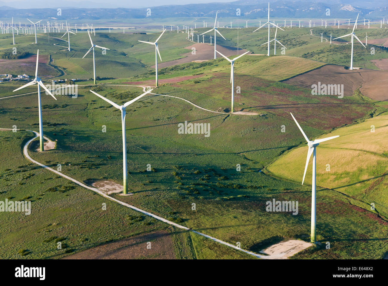 Luftaufnahme von Windkraftanlagen Provinz Huelva, Spanien Stockfoto