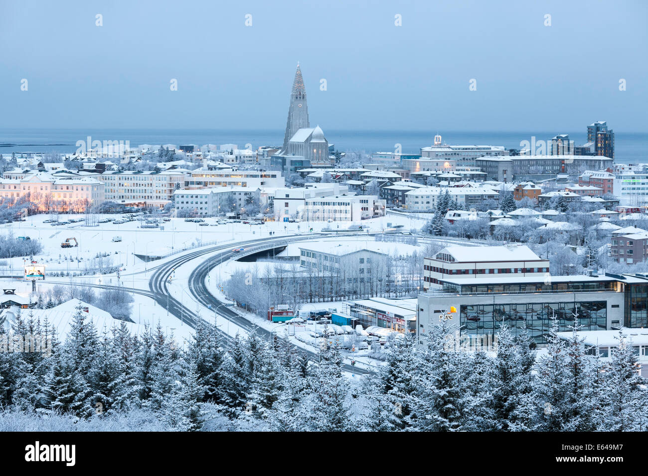 Blick über Reykjavik im Winter, Island Stockfoto