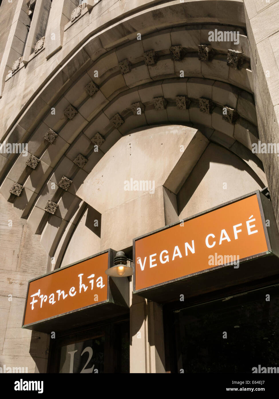 Eingang des Franchia veganes Restaurant, NYC, USA Stockfoto