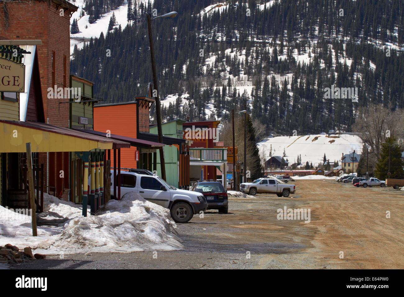 Alte Gebäude und Schmutz Straßen im historischen Minenstadt Silverton, San Juan, Berge, Colorado, USA Stockfoto