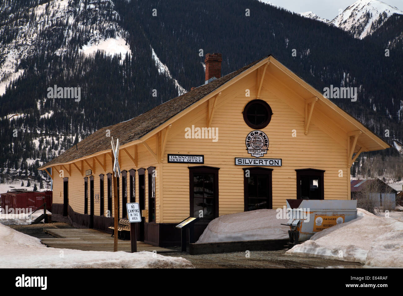 Silverton Railway Station an der historischen Minenstadt Silverton, San Juan, Berge, Colorado, USA Stockfoto