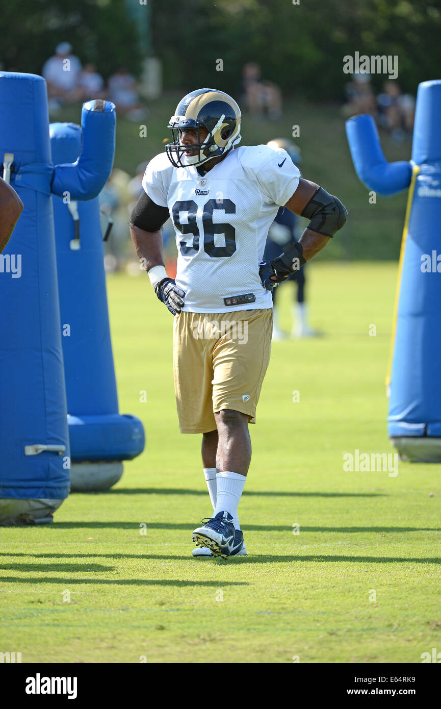 Earth City, Missouri, USA. 14. August 2014. St. Louis Rams defensive end Michael Sam (96) während nachmittags Praxis im Russell-Ausbildungszentrum in Earth City, Missouri. Bildnachweis: Gino's Premium Bilder/Alamy Live-Nachrichten Stockfoto