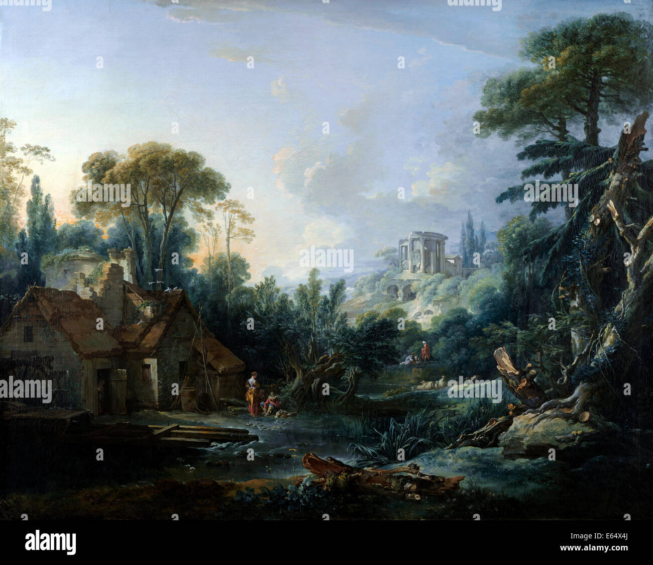 Francois Boucher, Landschaft mit einer Wassermühle 1740-Öl auf Leinwand. Nelson-Atkins Museum of Art, Kansas City, Missouri, USA. Stockfoto