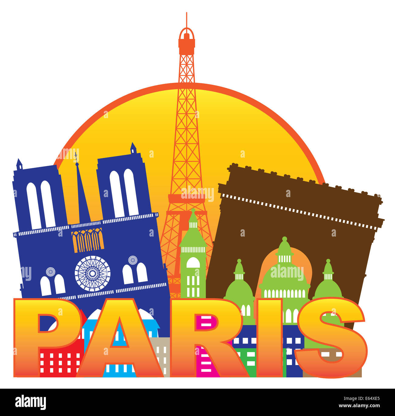 Paris Frankreich City Skyline Silhouette Umrissfarbe in Kreis isoliert auf weißem Hintergrund Panorama-Illustration Stockfoto