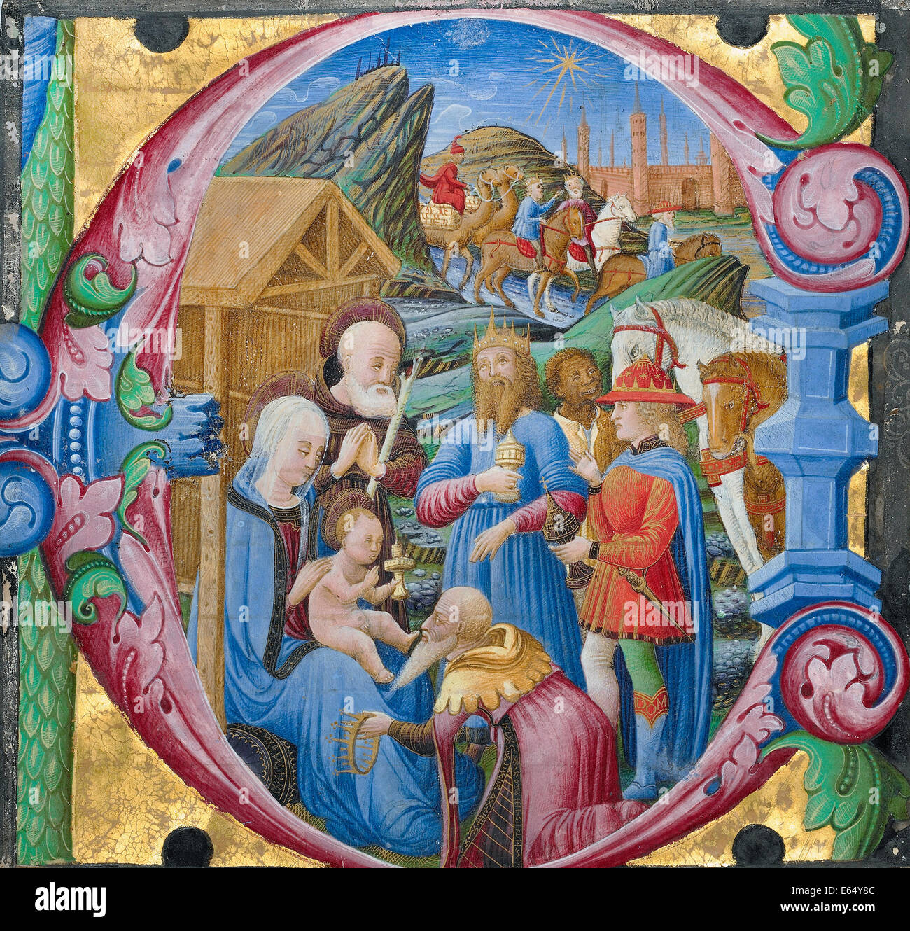 Franco dei Russi, Anbetung der Könige. Ca. 1470. Tempera und Gold auf Pergament. Das J. Paul Getty Museum Stockfoto