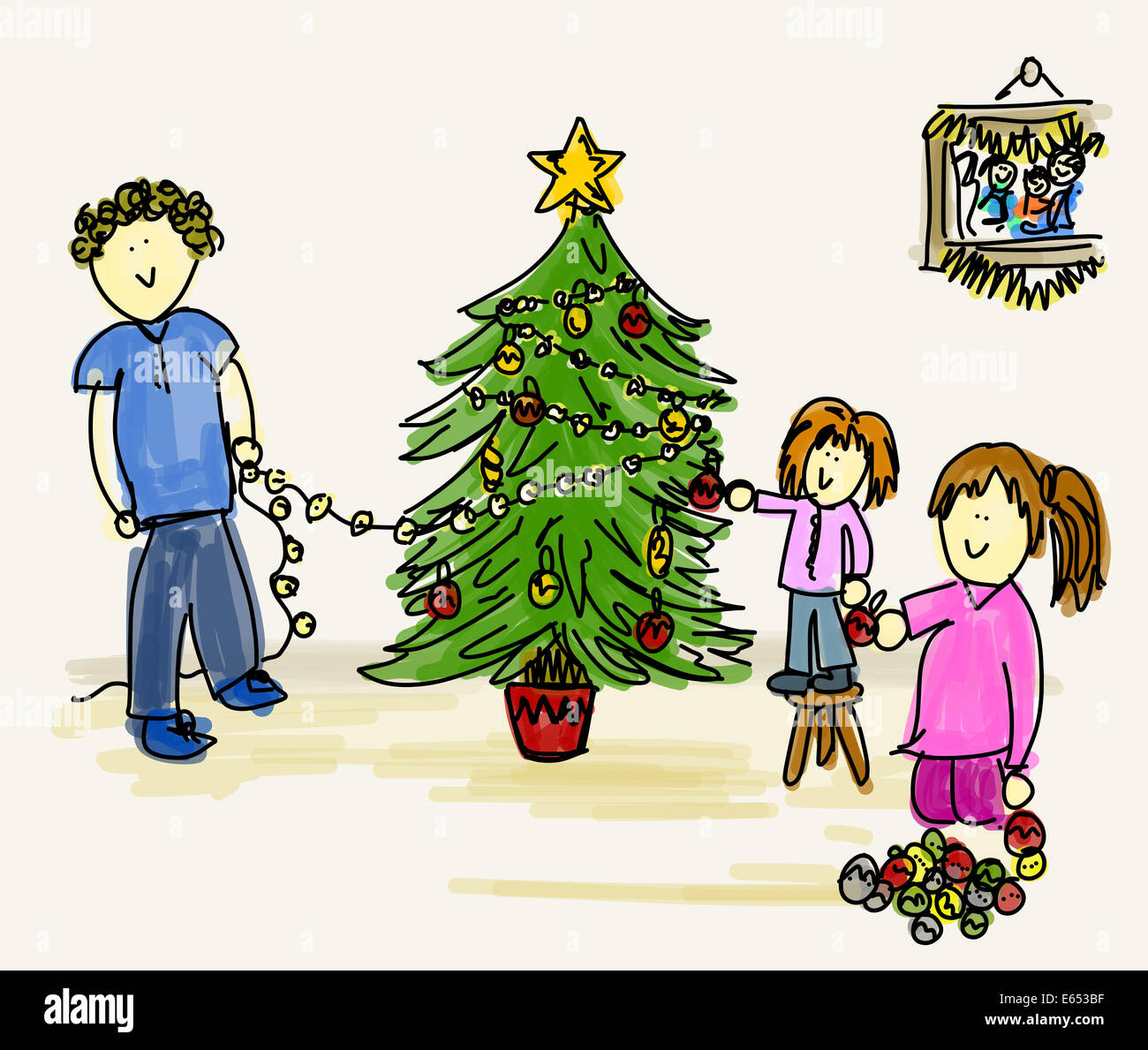 Abbildung: ein Vater und seine Kinder schmücken einen Weihnachtsbaum Stockfoto