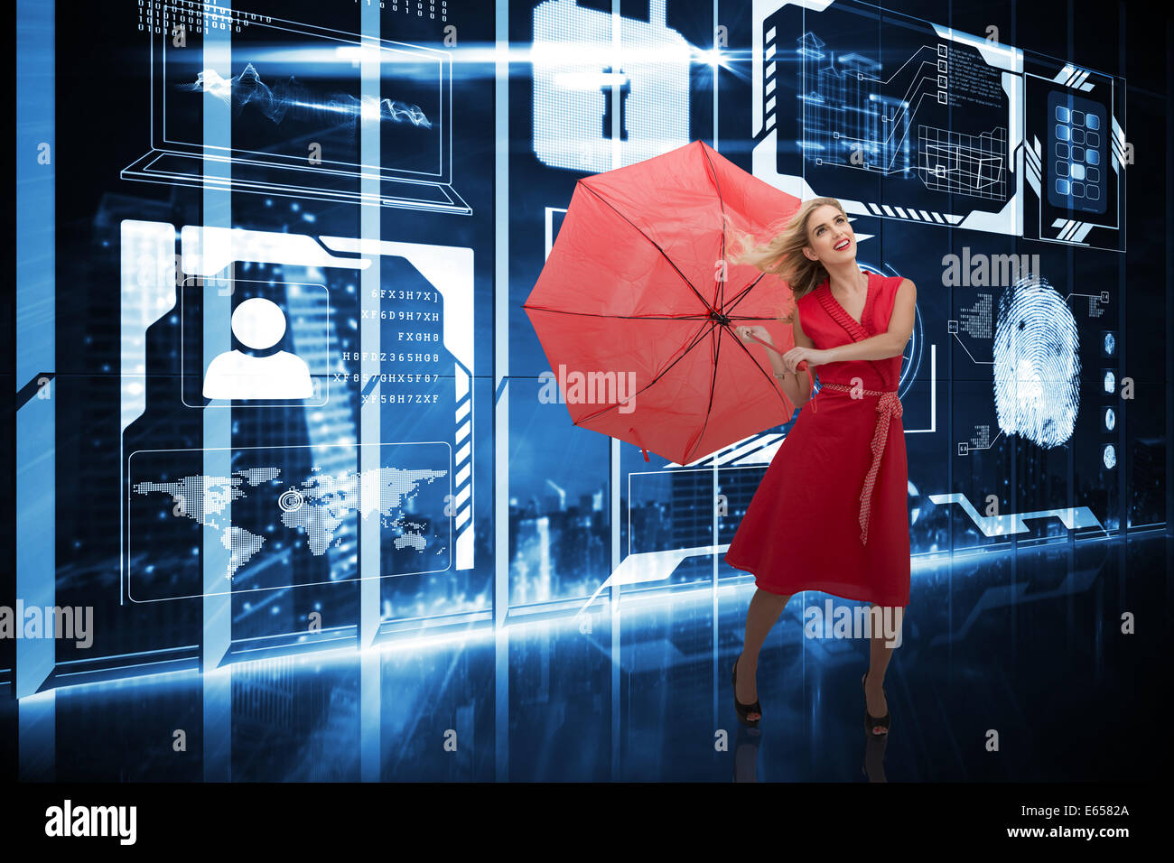 Zusammengesetztes Bild der eleganten Blondine Holding-Dach Stockfoto