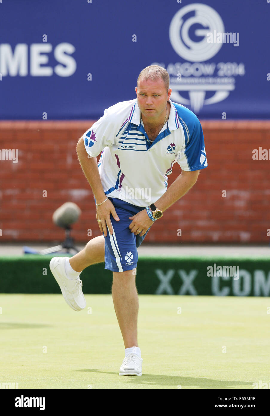 Paul FOSTER of Scotland V England in die Goldmedaille Spiel in der Mens Vieren im Kelvingrove Lawn Bowls Centre, 2014 Stockfoto