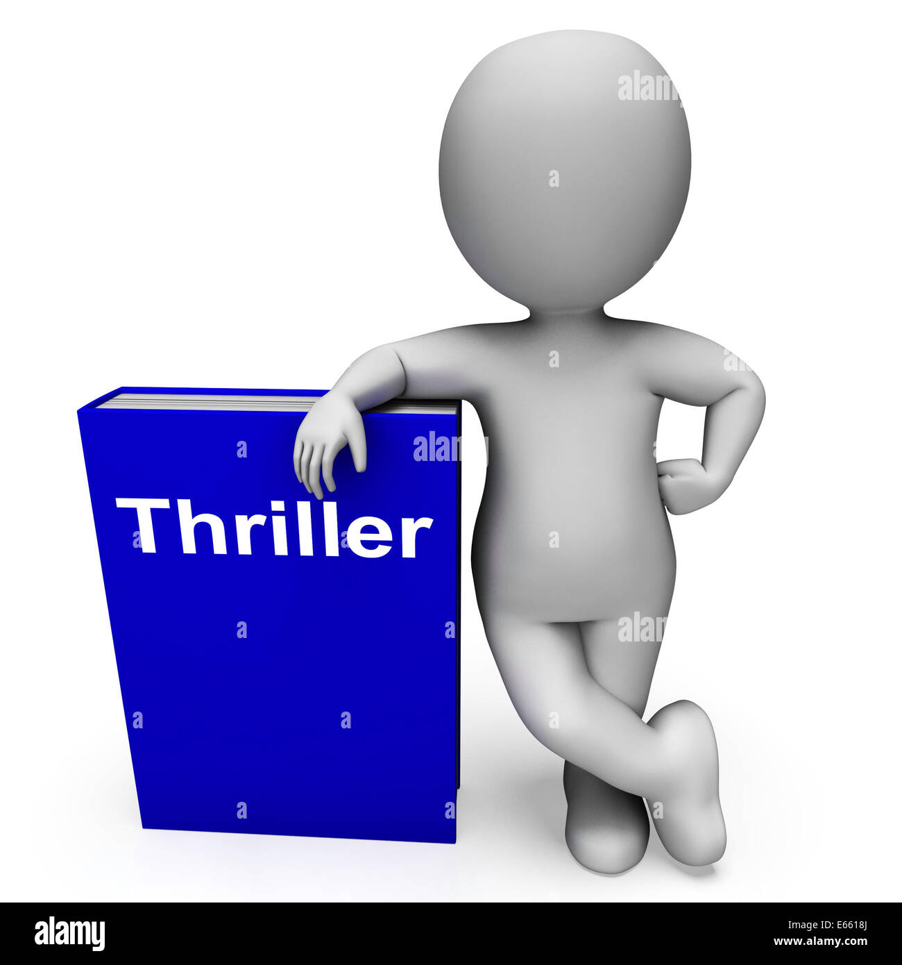 Thriller-Buch und Charakter zeigen Bücher über Action-Abenteuer-Rätsel Stockfoto